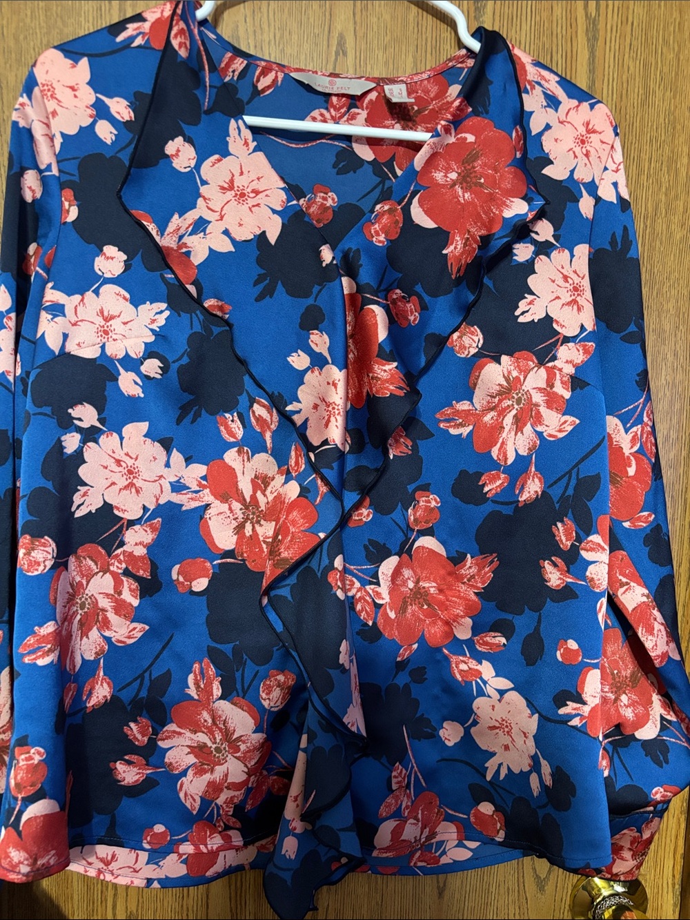 Laurie Felt Blue Floral Ruffle-Front Blouse
